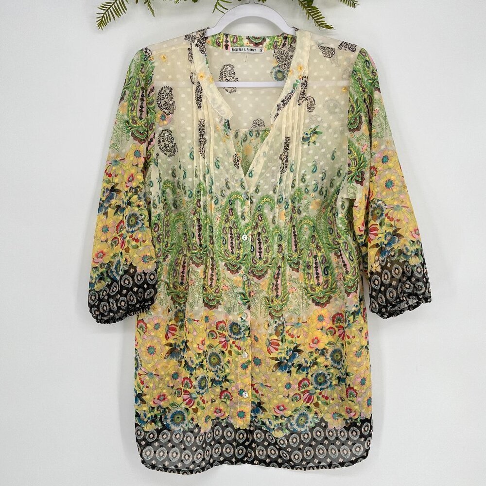 Lightweight Floral Button-Down Tunic Shirt - Yellow Green - Picture 2 of 12